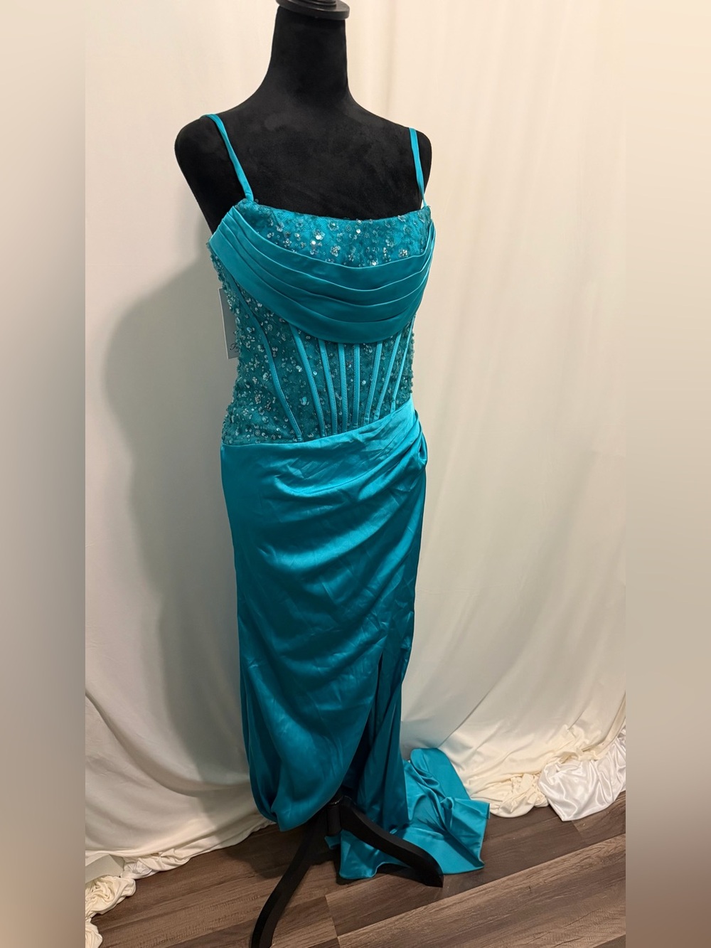 Teal Embellished Spaghetti Strap Evening Gown